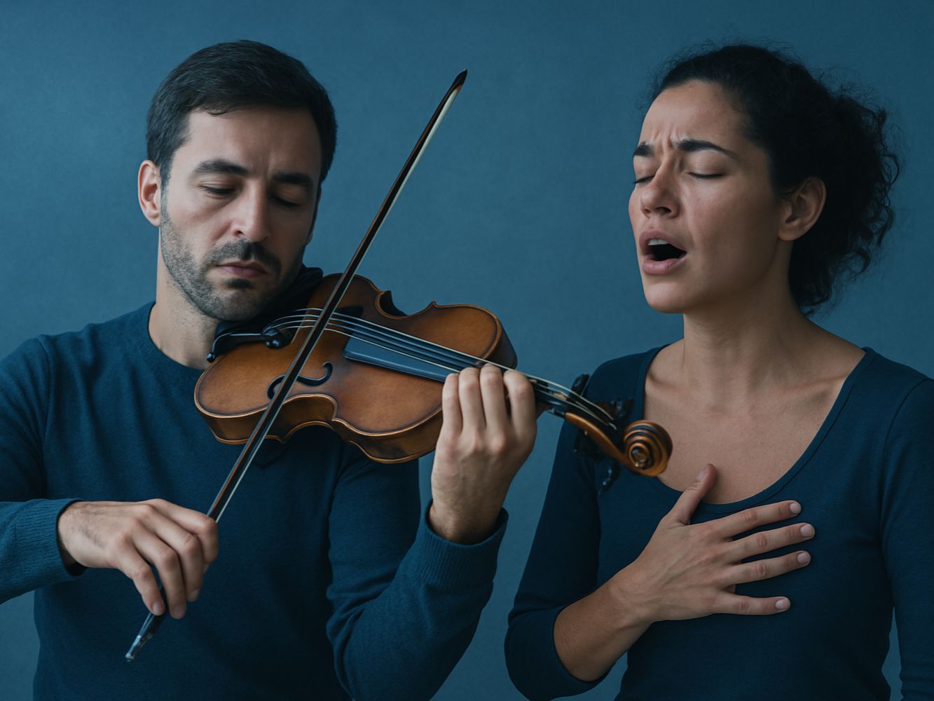 Un chanteur et une violoniste sur scène, préparés mentalement grâce à la sophrologie et l’hypnose pour dépasser le trac.